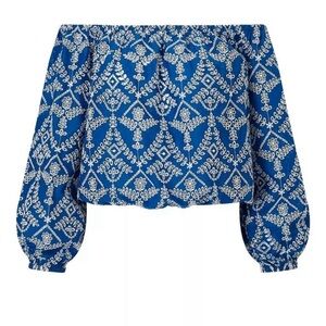 Blue Embroidered Bardot / Off-Shoulder eyelet Blouse